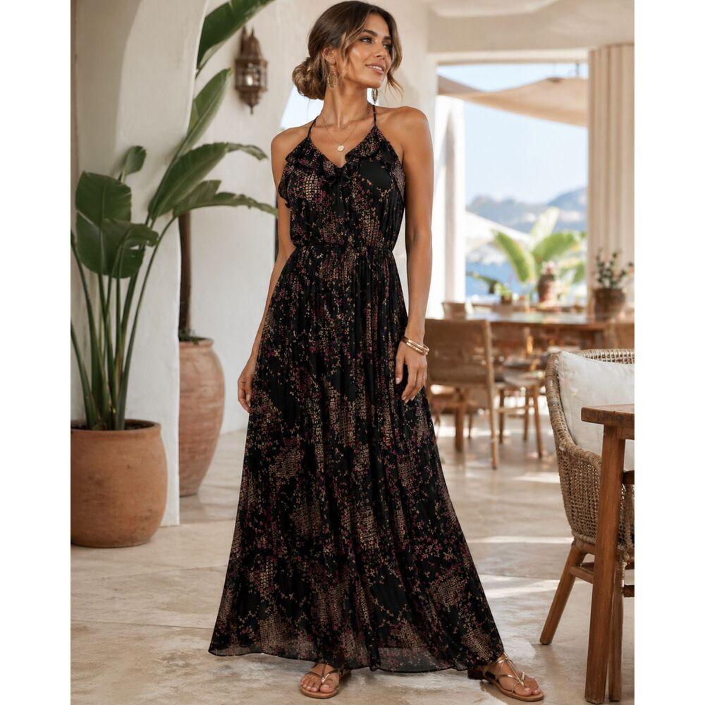 Parker 100% Silk Maxi Dress XS Black Pink Racerback